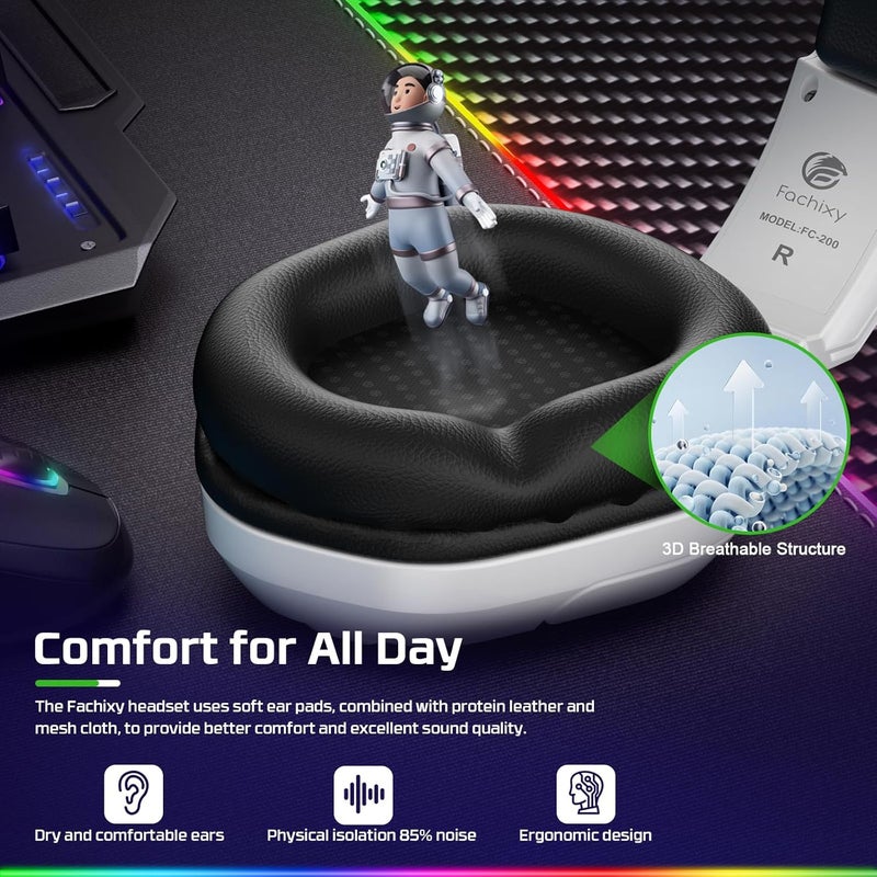 Fachixy سماعة ألعاب FC200 مع ميكروفون لجهاز PS4 و PS5 و Switch و Xbox و Mac و PC سماعات ألعاب مع ميكروفون، سماعة لاعب مع إضاءة RGB - أبيض-أسود - Image 5